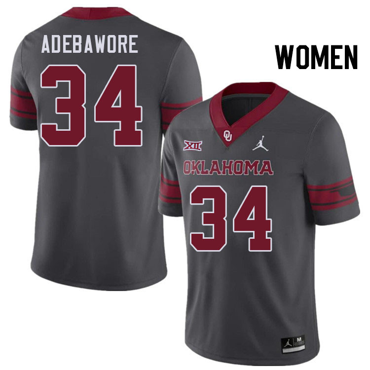 Women #34 Adepoju Adebawore Oklahoma Sooners College Football Jerseys Stitched-Charcoal
